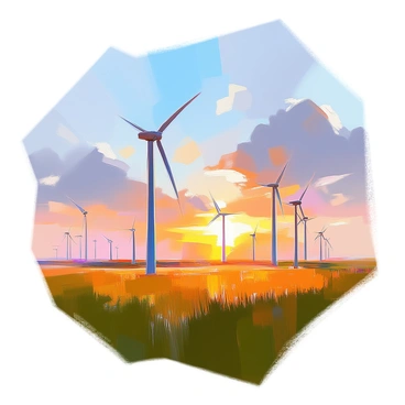 A vast field filled with numerous wind turbines, their blades spinning gracefully in the gentle breeze. The turbines are arranged in neat rows, creating a rhythmic pattern against the landscape. The sky is a brilliant blue, gradually transitioning to warm hues of orange and pink as the sun sets on the horizon. Soft clouds are scattered across the sky, reflecting the colors of the sunset. The grassy field below the turbines is lush and green, providing a vibrant contrast to the scene. The overall composition captures the harmony between technology and nature.