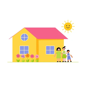 A child's drawing featuring a simple house with a red roof and yellow walls. The family members are represented as stick figures, with one figure having a blue shirt and another wearing a green dress. The sun is depicted in the corner with a smiling face, and there are colorful flowers in front of the house. The drawing is made with crayons, showcasing bright colors like pink, orange, and purple throughout the scene.