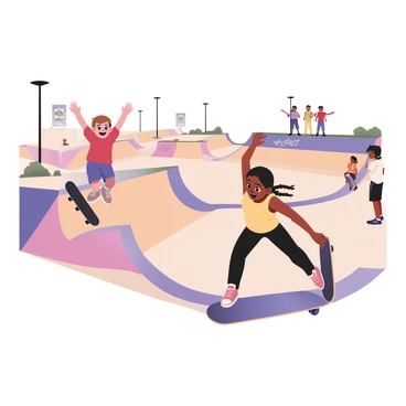 Two kids are performing tricks on skateboards at a skate park. The first kid, a boy with light skin and short brown hair, is executing an ollie off a ramp, wearing a red t-shirt and blue shorts. The second kid, a girl with dark skin and braided hair, is doing a kickflip on a flat surface, wearing a yellow tank top and black leggings. In the background, there are various skateboarding ramps and graffiti art on the walls. A group of other kids are observing and cheering on the skateboarders. The sun is shining brightly, casting shadows on the ground.