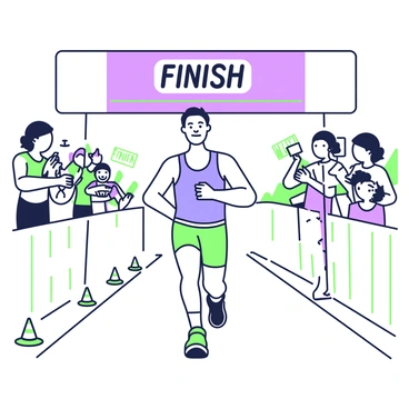 A runner is crossing the finish line of a marathon. The runner is wearing a blue tank top and shorts, showcasing their athletic build. Their facial expression displays a mix of exhaustion and triumph. The finish line is marked with a large banner that reads "Finish" in bold letters. In the background, spectators are cheering, some holding signs of encouragement. The ground is lined with colorful cones marking the race path. The runner's feet are just above the ground, creating the illusion of a last burst of energy as they push through to complete the race.