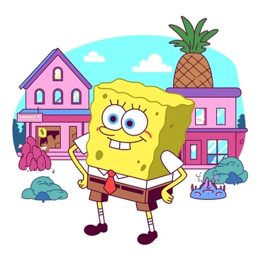 A yellow square-shaped character is standing in a mocking pose with his hands on his hips and a wide grin on his face. He has a pair of large, expressive eyes and is wearing his signature brown pants and a red tie. Surrounding him is the underwater city of Bikini Bottom, featuring colorful coral reefs and whimsical buildings with bubble-shaped windows. In the background, there is a pink pineapple house and a tall brown Krabby Patty restaurant, providing a vibrant setting. The character is playfully imitating another figure, who is out of frame, adding a humorous touch to the scene.