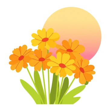 A cluster of vibrant orange marigold flowers with green leaves is positioned in the foreground. The flowers are facing the sky, showcasing their full blooms. In the background, a soft gradient of warm colors transitions from deep orange to light pink, representing the glow of a sunset. The sunlight creates gentle highlights on the petals of the marigolds, making them appear even more vivid.