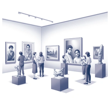 An art gallery space with high ceilings and white walls. Various artworks are displayed throughout the gallery, each piece telling a unique story related to migration and cultural heritage. Some pieces include large, framed photographs capturing diverse faces and landscapes that evoke feelings of travel and home. Sculptures are positioned on pedestals, featuring materials representative of different cultures. Visitors are seen engaging with the artwork, some reading descriptions, while others discuss the pieces among themselves. Soft lighting highlights each artwork, creating an inviting atmosphere.