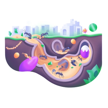 An underground view of a bustling ant colony filled with intricate tunnels and chambers. Various ants of different sizes are seen actively moving through the tunnels. Some ants are carrying food, while others are tending to the queen in a larger chamber adorned with tiny eggs. The walls of the tunnels are lined with soil and small pebbles. In the background, there are more chambers visible, each busy with different activities, creating a vivid scene of life within the colony.