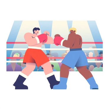 Two boxers are engaged in a fierce exchange of punches in a boxing ring. One boxer has dark hair and is wearing red shorts, while the other has short blonde hair and is clad in blue shorts. Both fighters are positioned in an action stance, their muscles tensed as they throw powerful punches. Bright lights from above illuminate the ring, creating a dramatic spotlight effect that highlights their intense expressions. In the background, a crowd of spectators can be seen, their faces filled with excitement and anticipation as they watch the match unfold. The ring is surrounded by a red and white rope barrier, adding to the boxing atmosphere.
