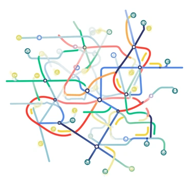 An overhead view of a complex network of metro lines intersecting. The metro lines are depicted in various colors, including red, blue, green, and yellow, creating a vibrant contrast against the background. The lines twist and turn, forming numerous intersections and junctions. Locations of metro stations are marked by small circles, each labeled with a number. The background is a light grey, providing a neutral canvas that emphasizes the complexity of the network.