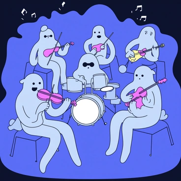 A group of ghost musicians is performing in a dimly lit setting, with each musician slightly translucent. The first ghost is playing a ghostly violin, its strings shimmering faintly in the air. Next to them, a ghostly drummer is seated behind an ethereal drum set that seems to glow softly. A ghostly guitarist strums an instrument that looks like it's made from mist. In the background, a ghostly pianist plays an invisible piano, his hands moving fluidly through the air. The atmosphere is filled with swirling mist, and faint musical notes drift through the air, adding to the eerie ambiance of the concert.