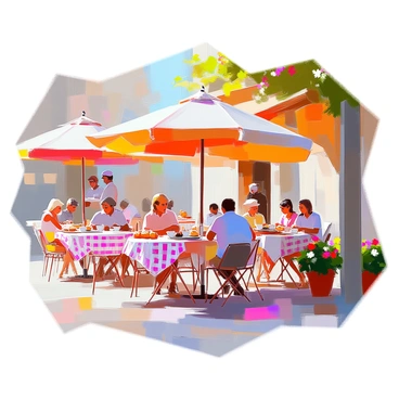 A quaint bistro patio features several small round tables, each adorned with checkered tablecloths. The tables are spaced out comfortably, allowing for easy movement around the area. Colorful umbrellas provide shade, with shades of red, yellow, and blue creating a lively atmosphere. Patrons of various ages sit at the tables, some engaged in conversation while others are sipping coffee from ceramic cups. A few patrons are reading books, and a waiter is seen serving pastries from a tray. Potted plants with blooming flowers decorate the corners of the patio, adding a touch of greenery to the scene.