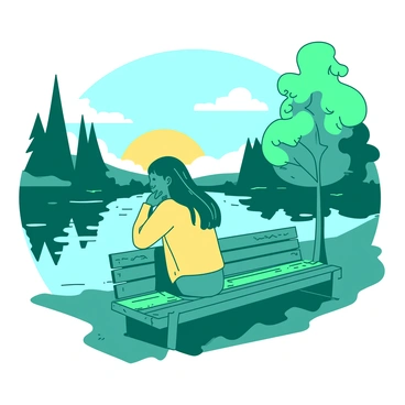 A teal person is sitting on a wooden bench beside a calm lake, gazing thoughtfully at the water's surface. The person has long hair flowing gently down their back, and they are wearing a comfortable yellow sweater. In the background, there are tall trees with green leaves framing the lake, and the sky is clear with a few soft white clouds. The sun is setting, casting a warm glow over the landscape as the person rests their hands on their knees, lost in reflection.