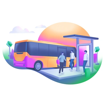 A modern pastel illustration depicting a new bus arriving at a bus stop. The bus is painted in bright colors, showcasing its sleek design. Surrounding the bus are a few people waiting at the stop, with some looking excited. In the background, a vibrant sunset fills the sky with shades of orange, pink, and purple, casting a warm glow over the scene. Silhouettes of trees can be seen lightly outlined against the sunset, enhancing the tranquil atmosphere.
