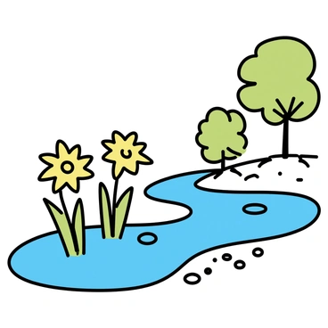 Daffodils with bright yellow petals are growing alongside a meandering stream. The stream has clear water, reflecting the sunlight. The area is filled with green grass and small pebbles near the water's edge. A few trees with light green leaves are in the background, adding to the natural setting.