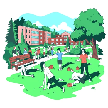 Students doing fire hydrant exercises on the lawn of a bustling college campus