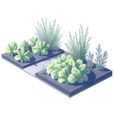 An overview of a potager garden filled with neatly arranged rows of vegetables and herbs. In the foreground, there are vibrant green leafy plants, including lettuce and spinach, alongside aromatic herbs like rosemary and basil. The rows are bordered with rich soil, and the plants are well-tended, showing signs of growth and health. The sunlight casts gentle shadows across the garden, highlighting the textures of the leaves and soil, creating a lively, inviting scene. A rustic wooden pathway runs through the garden, allowing for easy access to each row.