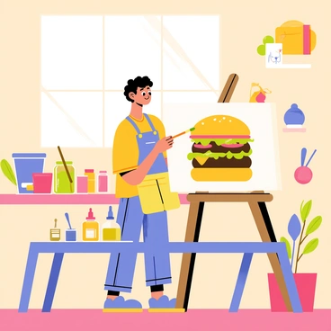 An artist is standing in a bright studio, holding a brush and focused intently on painting a "vibrant cheeseburger" on a canvas. The cheeseburger is stacked high with fresh "lettuce," "tomato," and "melted cheese," all depicted in bold, bright colors. Surrounding the artist, there are various art supplies scattered across a wooden table, including jars of paint and brushes. The backdrop is filled with "whimsical" decor, such as colorful wall art and quirky sculptures that add a playful touch to the scene. Sunlight streams through a window, illuminating the space and enhancing the colorful atmosphere.
