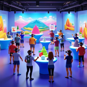 A virtual reality art exhibit featuring visitors wearing VR headsets. The environment is filled with various animated worlds that showcase colorful landscapes, intricate sculptures, and dynamic visual patterns. Visitors interact with these animated elements, reaching out to touch and manipulate the art around them. The exhibit is illuminated with soft lighting, highlighting the vibrant colors of the animated worlds, and there are digital displays providing information about each exhibit. The atmosphere is bustling with excitement as people immerse themselves in the experience.