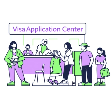 A diverse group of people is standing in line at a visa application center. The line extends towards a reception area with a large sign that reads "Visa Application Center" above it. In the foreground, a woman with long hair wearing a green jacket is holding a stack of documents, while a man next to her in a blue t-shirt checks his phone. Further down the line, an older gentleman wearing glasses and a hat is conversing with a young girl who is holding a small backpack. There are several chairs arranged along the walls of the center, and a desk with staff members processing applications can be seen in the background.
