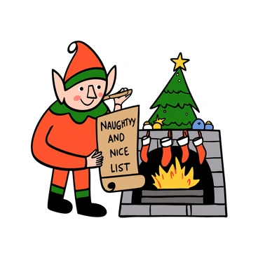 An elf with light skin and pointy ears stands beside a warm, crackling fireplace. The elf has big eyes, wearing a bright red outfit with green accents and a pointed hat. The elf is intently checking a scroll labeled "Naughty and Nice List," which is unfurled in one hand. The fireplace has flickering flames and is surrounded by stockings hung with care. There are glimmering ornaments and a small Christmas tree in the background, creating a cozy festive atmosphere.