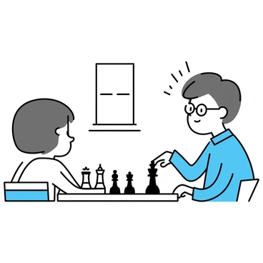 A tutor, wearing glasses and a blue shirt, is sitting at a wooden table, focused on a wooden chessboard in front of him. He is pointing to a black queen while explaining a strategic move. Opposite him, a student with short brown hair is seated, looking thoughtfully at the board. The chess pieces are positioned mid-game, showcasing a tense situation. The background features a simple room with a window allowing soft light to illuminate the scene.