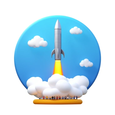 A rocket lifting off into the sky with bright flames and smoke trailing behind. The rocket is sleek and metallic, reflecting sunlight as it ascends. Surrounding the rocket are fluffy white clouds in a blue sky. Below, the ground is visible, showing a launch pad with people watching the liftoff. The scene conveys a sense of movement and energy as the rocket climbs higher into the atmosphere.