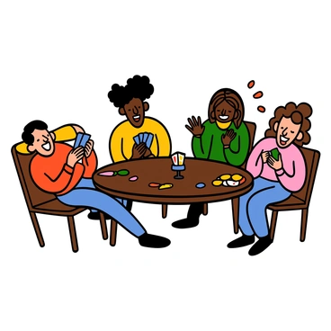 A group of four friends sitting around a round wooden table, laughing and enjoying each other's company while playing cards. One friend, with light skin and short black hair, is leaning back in their chair with a wide grin. Another friend, with dark skin and long curly hair, is animatedly gesturing with their hands while holding a hand of cards. A third friend, with light brown skin and short straight hair, is looking at their cards with a playful expression, and the fourth friend, with medium skin tone and shoulder-length wavy hair, is laughing heartily, showing their teeth. The table is cluttered with colorful playing cards and a few snacks scattered around.