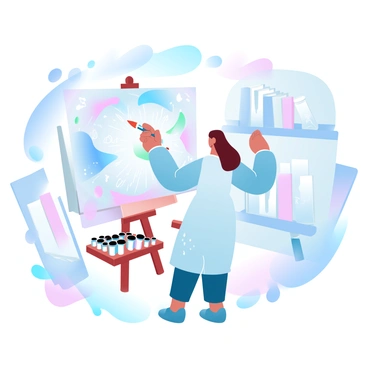 An artist is standing in front of a large canvas, holding a paintbrush. The artist is wearing a smock and has paint splatters on their clothes. The canvas is filled with a rich array of colors and shapes, showcasing elements from different art movements such as bold geometric designs, flowing abstract forms, and classical motifs. Around the artist, various paint tubes and brushes are scattered on a wooden easel. In the background, there are shelves filled with art books and canvases leaning against the wall. The atmosphere is colorful and creative.