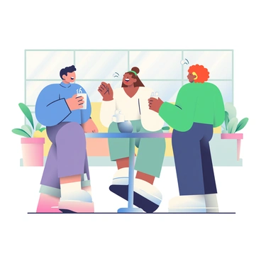 A group of three colleagues with diverse appearances are standing around a small round table, chatting and laughing over coffee during a break. One colleague has short black hair and is wearing a blue shirt, while another has long brown hair tied in a ponytail and is dressed in a white blouse. The third colleague, with curly red hair, is wearing a green sweater. Each of them is holding a white coffee cup, with steam rising from the cups. The background shows a bright, inviting office with large windows letting in natural light, and a few plants placed around the room. The atmosphere is lively and cheerful as they share a light-hearted moment together.