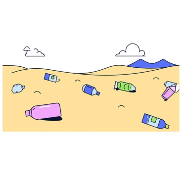 A dry, sandy desert landscape stretches across the image, featuring gentle dunes that rise and fall. Scattered throughout the scene are various plastic bags and bottles, some partially buried in the sand. The plastic bags are vividly colored, with shades of blue and green, while the bottles are mostly transparent with labels visible. The sky is clear with a few distant clouds, casting subtle shadows on the ground.