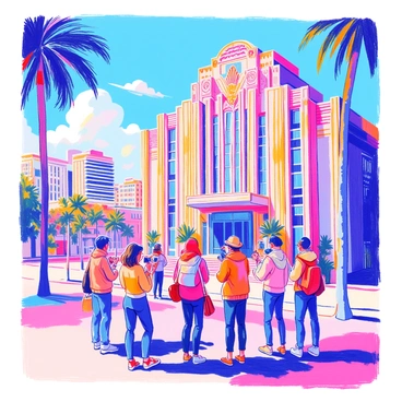 A group of tourists is gathered in front of a magnificent Art Deco building, showcasing its intricate geometric patterns and bold lines. Each tourist is holding a camera or smartphone, capturing the architectural details and the grandeur of the landmark. The guide, standing nearby, is pointing out specific features of the building, adding to the atmosphere of exploration. In the background, the skyline is dotted with more Art Deco structures, creating a cohesive historic scene. The sun casts dynamic shadows on the ground, enhancing the visual depth of the image.