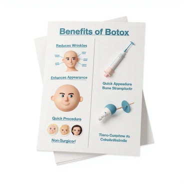 An educational poster titled "Benefits of Botox" displayed prominently at the top. The poster includes several sections, each containing specific benefits. The first section shows a graphic of a smooth forehead alongside text that reads "Reduces Wrinkles," illustrating before and after images of a person's forehead. The second section features a smiling face with the text "Enhances Appearance" alongside visuals of facial features that have been enhanced by Botox. The third section displays a graphic of a medical syringe next to the phrase "Quick Procedure," emphasizing the efficiency of the treatment. The fourth section highlights "Non-Surgical" with a visual comparison between surgical and non-surgical options. The background is light and professional, ensuring clarity and focus on the visuals and text. Each section is well-organized with bullet points for easy readability.
