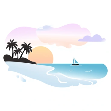A beach with soft, white sand stretches across the scene. The sky is filled with gradient pastel colors, resembling chakra colors, blending seamlessly from warm oranges to cool purples. Gentle waves lap against the shore, creating a soothing rhythm. Silhouettes of a few palm trees stand tall along the beach, their fronds swaying lightly in the breeze. In the distance, a small sailboat glides across the water, reflecting the vibrant colors of the sunset. The atmosphere conveys a sense of tranquility and natural beauty.