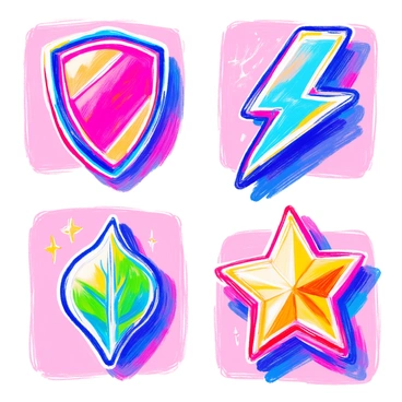 A set of colorful power-up icons is displayed on a digital interface. Each icon features a unique design, representing different abilities. There is a bright red icon shaped like a shield, a vibrant blue lightning bolt icon, a green leaf symbolizing health restoration, and a yellow star for bonus points. The icons are glossy and have a slight 3D effect, making them appear ready for action. Each icon is bordered with a contrasting color to make them stand out against the background.