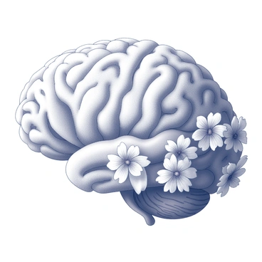 A floral crown made up of various blossoms. The flowers are arranged meticulously in a pattern that resembles the folds and contours of a brain. Each bloom is distinct, showcasing different types of petals and textures. The crown sits gently on a flat surface, casting subtle shadows that enhance the intricate details of the floral arrangement. The background is plain to emphasize the complexity and artistry of the crown's design.