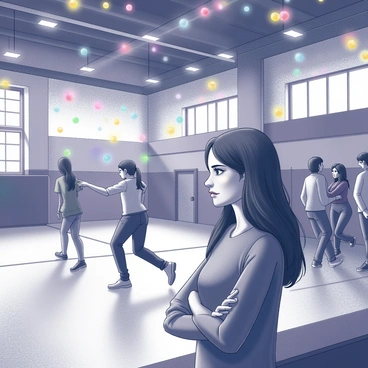 A teenager stands at the edge of a dimly lit school gymnasium during a dance. The teenager has a wistful expression, their arms crossed, as they watch their crush dancing with another student in the center of the room. The details of the scene include colorful decorations and a subtle glow from hanging lights, creating a vibrant atmosphere. In the background, other students are laughing and dancing, but the teenager remains focused on the couple, a hint of longing visible in their eyes. The overall composition conveys a moment filled with both excitement and melancholy.