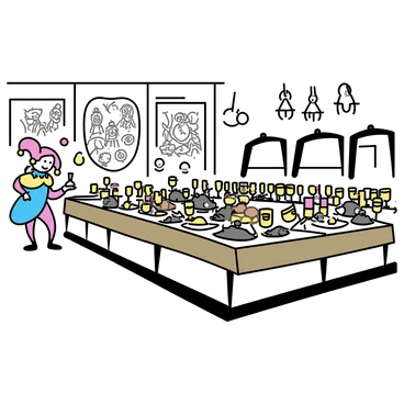 A large royal banquet hall filled with long wooden tables covered in platters of food. The tables are adorned with golden goblets filled with wine and plates piled high with fruits and roasted meats. On one side of the hall, a jester wearing a colorful outfit with bells stands, juggling brightly colored balls. In the background, there are ornate chandeliers hanging from the high ceiling, casting light over the scene. Rich tapestries decorate the walls, depicting historical events. The atmosphere is lively with laughter and the sounds of clinking dishes.