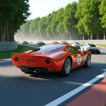 A race car speeding ahead of others on a winding track, leaving dust in its wake