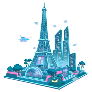 A famous building with a distinct silhouette, such as the Eiffel Tower or the Sydney Opera House, modified with sleek, metallic surfaces and illuminated holographic displays. Surrounding the building are lush vertical gardens, and the ground is embedded with glowing pathways. The sky is filled with drones and floating vehicles, emphasizing a busy urban environment. Bright, vibrant colors illuminate the scene, highlighting the advanced technology integrated into the architecture.