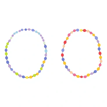 Two necklaces laid out side by side, each made of colorful beads arranged in a specific sequence. The first necklace consists of beads in shades of blue, green, and yellow, alternating in a precise order. The second necklace features beads in shades of red, orange, and purple, mirroring the same alternating pattern. Both necklaces are displayed against a neutral background, allowing the vibrant colors of the beads to stand out prominently.