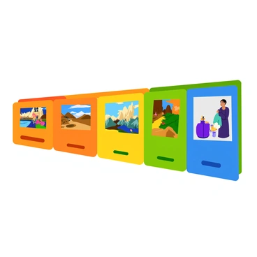 A colorful chart displaying an artist's improvement over time is prominently featured. The chart consists of a horizontal timeline with distinct segments representing different time periods. Various art pieces are showcased along the timeline, each piece illustrated in vibrant colors. The art pieces vary in style and complexity, demonstrating the artist's development from simple sketches to more intricate paintings. Each artwork is labeled with a date and a brief description, highlighting the techniques used. The background is bright, enhancing the overall cheerful tone of the display.