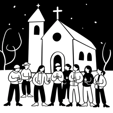 A group of people standing together outside a church at night, each holding a lit candle. The church is illuminated softly by the flickering candlelight, casting shadows on its stone façade. The attendees are dressed in warm clothes, with some wearing scarves and hats. The scene captures a sense of unity as they gather in silence, with a few of them gently swaying their candles in the evening breeze. In the background, dark trees silhouette against the night sky, enhancing the solemn atmosphere of the vigil.