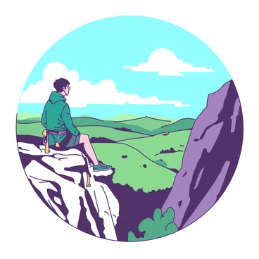 A climber wearing a teal jacket is paused on a rocky cliff edge, looking out over a vast landscape. Below, rolling hills stretch far into the distance, shaded in soft hues of green and brown. The sky is bright blue, dotted with fluffy white clouds. The climber's equipment, including a harness and climbing shoes, is visible, indicating their adventurous spirit. The sunlight casts shadows on the rugged cliff face, highlighting the textures of the rocks.