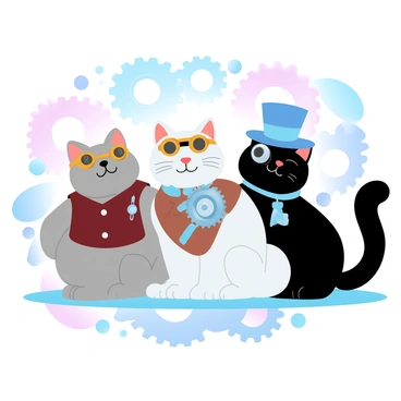 A group of three cats is dressed in intricate steampunk attire, showcasing various accessories like goggles and vests. The first cat, a tabby, is wearing a brown leather vest with a small pocket watch attached. The second cat, a fluffy white Persian, has on a set of golden goggles resting atop its head and a brown belt with small tools. The third cat, a sleek black cat, is adorned with metal gears and a top hat. Surrounding them are numerous gears and cogs of different sizes and shapes, creating a dynamic industrial background. The scene is illuminated with warm, gradient pastel colors.