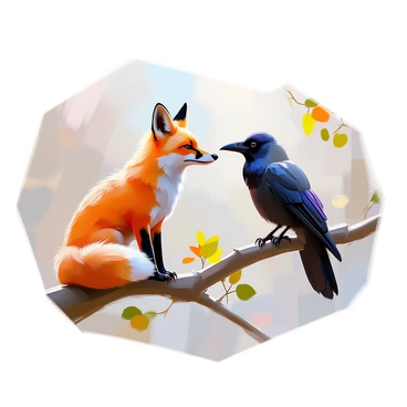 A close-up scene capturing the moment a sly fox flatters a black crow perched on a branch. The fox, with its rich orange fur and white-tipped tail, gazes up at the crow with an intrigued expression. The crow's glossy feathers shine in the light, and its beak is just opening, ready to respond to the fox's compliments. The background is softly blurred, focusing attention on the interaction between the two animals, while delicate leaves frame the scene.