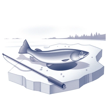 A frozen pike is positioned at the edge of a fishing ice hole. The fish is detailed with its distinctive elongated body and sharp teeth visible. Surrounding the ice hole, the surface of the ice is rough and uneven, with cracks and small snowflakes scattered around. In the background, a winter landscape is depicted, featuring snow-covered ground and a few distant, leafless trees. A fishing rod is resting on the ice nearby, with a line leading into the hole. The scene captures the essence of winter fishing culture, showcasing the equipment and environment typical of this activity.