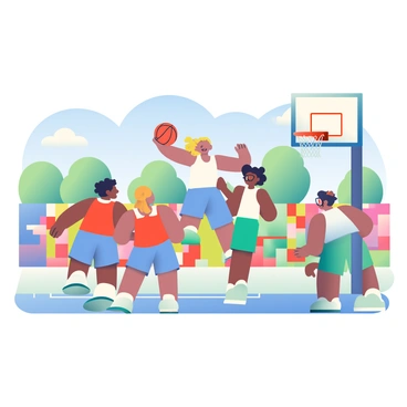 A group of four friends is playing a lively game of basketball on a local outdoor court. Two players, one with short black hair wearing a red jersey and the other with curly blonde hair in a blue tank top, are dribbling the ball towards the hoop. The third player, a tall girl with brown hair tied in a ponytail wearing a white tank top, is jumping to make a shot. The fourth friend, a boy with glasses wearing green shorts, is positioned defensively, attempting to block the shot. Colorful graffiti decorates the walls surrounding the court, and a few trees are visible in the background under a clear blue sky.