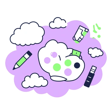 A sky is filled with clouds that are shaped like various illustration tools. There are fluffy clouds resembling a pencil, a paintbrush, and a ruler, all scattered across the sky. In the center, a large cloud takes the form of a palette, complete with circular paint spots. Smaller clouds resemble markers and charcoal sticks, dotting the blue sky in a playful arrangement. The sun casts a soft glow, highlighting the unique shapes of the clouds against the expanse above.