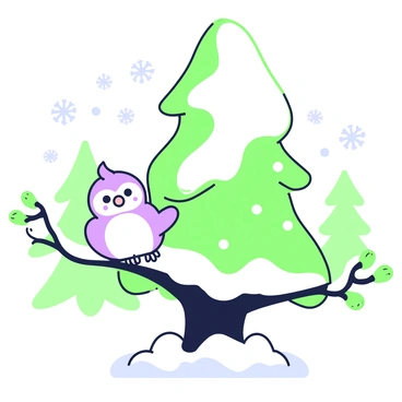 A fluffy chouette is perched on a snow-covered pine tree branch. The chouette has rounded features and large eyes, looking alert and curious. The pine tree is tall and full, with branches heavily laden with white snow. In the background, additional pine trees can be seen, creating a forest setting. Delicate snowflakes are falling gently, adding to the wintry atmosphere. The ground is blanketed in a layer of soft snow, completing the winter scene.