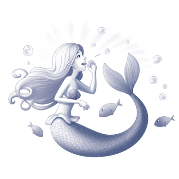 A mermaid with flowing hair is playfully blowing bubbles. The bubbles are rising gently towards the surface, where beams of sunlight filter through the water. The mermaid's tail is intricately scaled, and she is surrounded by small fish swimming nearby. The scene captures an underwater environment that emphasizes the movement of the bubbles and the playfulness of the mermaid.