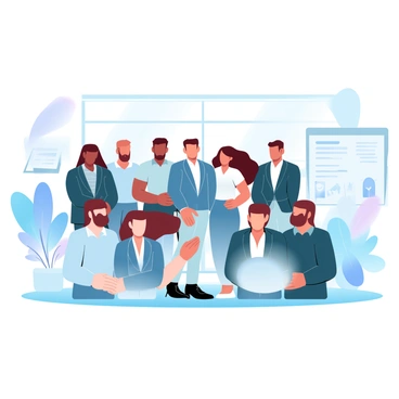A diverse group of team members is standing together in an office setting. The group includes individuals of different ethnicities and genders, showcasing a variety of professional attire. They are arranged in a semi-circle, with some members wearing blazers and others in casual shirts. The background features a modern office with large windows allowing natural light to flood the space. Various office plants are placed around, adding a touch of greenery. A large board displaying project details is visible on one wall.