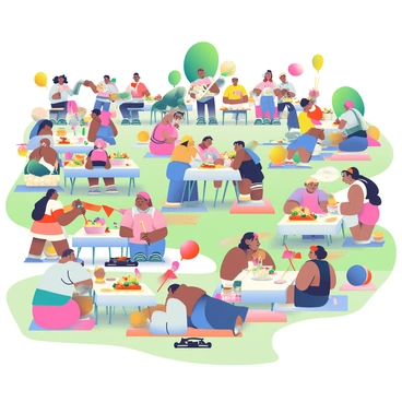 A neighborhood block party is taking place on a sunny day. Several groups of people are gathered around large tables filled with an array of food, including colorful salads, grilled meats, and vibrant desserts. Children are playing games, such as sack races and tug-of-war, while adults are chatting and laughing. Some people are sitting on picnic blankets spread out on the grass, sharing stories and enjoying the lively atmosphere. Brightly colored balloons and banners are decorating the area, adding a festive touch to the scene. A local band is playing music in the background, contributing to the joyful ambiance of the gathering.