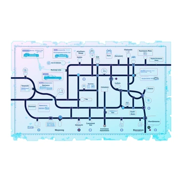 A retro-style subway map featuring a distressed paper background. The map displays various subway lines in muted colors, with thick black lines marking the routes. Each station is labeled with historical names, written in an ornate font. The map includes iconic symbols like vintage trains and decorative borders, reflecting an old-fashioned aesthetic. Circles and squares represent the stations, some filled with a faded gold or silver hue, adding an antique touch to the overall design.